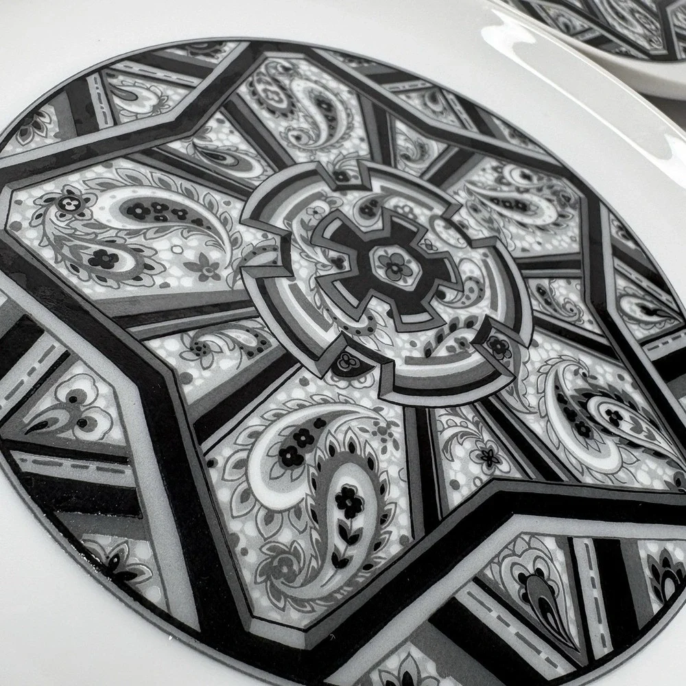 Sango Aquarius Limbo‎ 202 Salad Plates Set of 3 Black White Paisley Japan 7.5